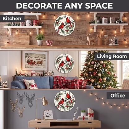 ArtSocket Round Wall Clock Silent Non-Ticking 12", Cardinal Christmas - color: Christmas Cardinal