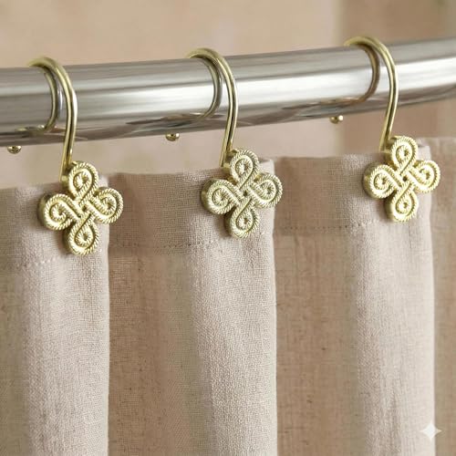 Brass Gold Shower Curtain Hooks: Rust Proof Metal Curtain Rings, 12Pcs - color: Gold
