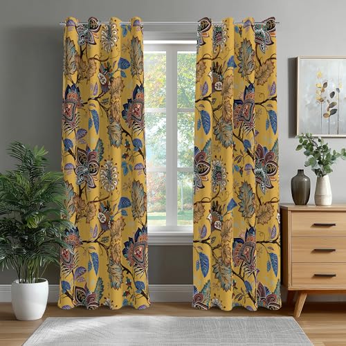 Blackout Curtains for Bedroom Mustard Yellow Boho Floral Black Out Curtains for Living Room Vintage Paisley Room Darkening Window Drapes, 52" W x 96" L (Pack of 2),Mustard Yellow Floral - color: P5-yellow, size: 52"W x 96"L (Pack of 2)