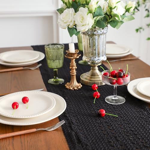 Simple&Opulence Boho Macrame 100% Cotton Table Runner - 12 x 72 Inch, Woven Farmhouse Table Runner with Tassels for Bohemian Rustic Wedding, Bridal Shower, Dinner （Black） - size: 12"x72", style: Cotton / Black