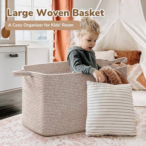 Goodpick 85L Large Woven Rope Blanket Basket, Rectangle, Brown - color: Brown, size: X-Large(23.6"L x 15.7"W x 13.8"H)