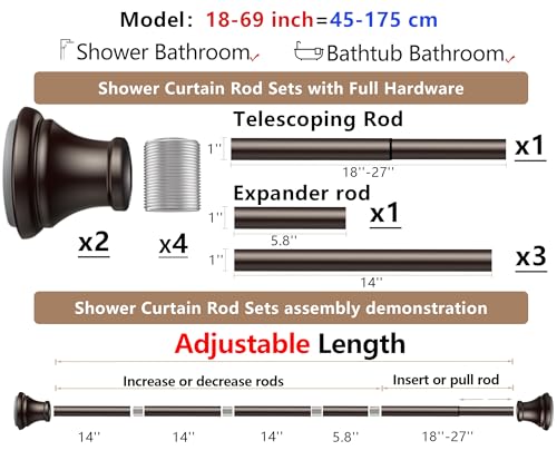 Oil Rubbed Bronze Tension Shower Curtain Rod – Adjustable 18-69 Inches, Fits 20-68 Inch Spaces (Ideal for 60" Wide Bathrooms), No Drill Rust Resistant Spring Rod - color: Bronze, size: 18-69 inch