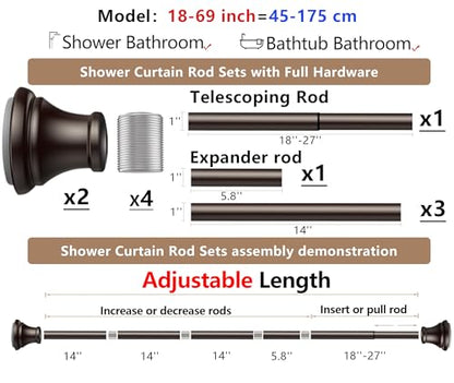 Oil Rubbed Bronze Tension Shower Curtain Rod – Adjustable 18-69 Inches, Fits 20-68 Inch Spaces (Ideal for 60" Wide Bathrooms), No Drill Rust Resistant Spring Rod - color: Bronze, size: 18-69 inch