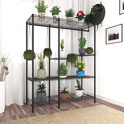 Xiofio 5-Tier Plant Stand for Indoor Outdoor, Large Reinforced Plant Shelf for Hanging Multiple Plants Plant Rack ,Adjustable Plant Stand Suitable for Bedroom Living Room Balcony Garden,Black
