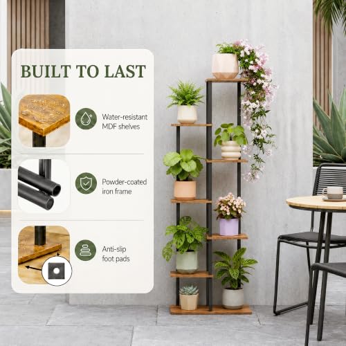 Corner Tall Plant Stand Indoor 7 Tier 8 Potted, Rustic Brown