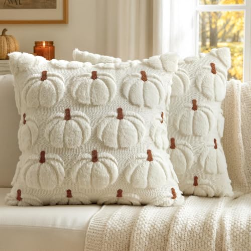 MIULEE Fall Pumpkin Pillow Covers Fall Decor Cream White Brown Stem 18x18 - color: Cream White Brown Stem, size: 18" x 18" (Pack of 2)