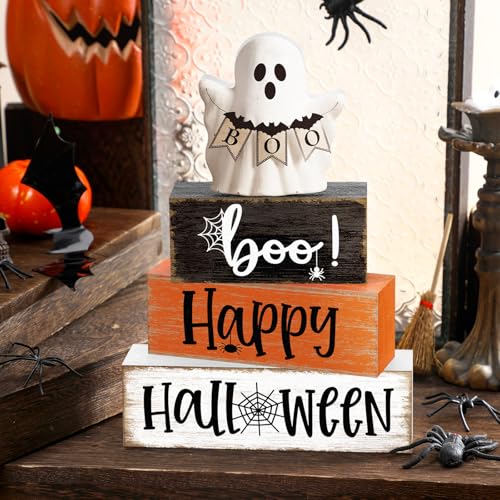 Yousoontic 4 Pcs Halloween Wooden Block Sign, Rustic Farmhouse Decor - style: Halloween Spider