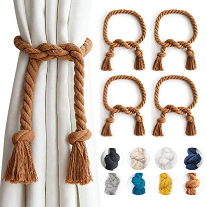 4 Pack Outdoor Curtain Tiebacks Rope, Natural Cotton Curtain Holders, Village Rural Rustic Curtain Holdbacks, Farmhouse Boho Rope Curtain Tie Back for Drapery Patio Drapes, (Coffee) - color: Coffee Rope 4 Pack