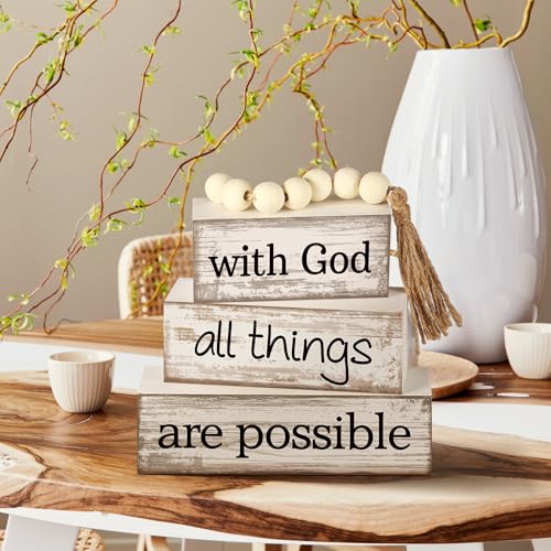 Yuntau 4 Pcs Farmhouse Christian Table Decor with Beads Tassel Block Sign - style: Farmhouse