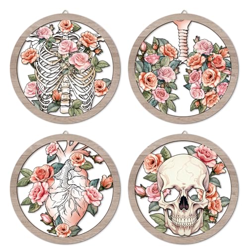 HPNIUB Medical Human Anatomy Wall Decor, Farmhouse Medical Anatomical Hanging Wooden Wall Art, 4 Pieces 9.84''x9.84'' Pink Floral Heart Skull Anatomy Wood Sign for Nursing Doctor Room Living Room - color: Farmhouse medical anatomical