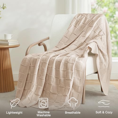 Whale Flotilla Checkered Knit Throw Blanket for Couch, Camel - color: Camel, size: 50x60 Inch