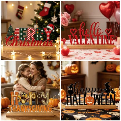 Interchangeable Seasonal Decor Metal Table Sign Set with Wooden Base