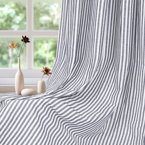 ASPMIZ Cotton Linen Farmhouse Curtains Boho Rustic Button Drapes, Linen Window Curtain Panels, Blue Stripe Country Curtain for Living Room, Modern Back Tab Blackout Curtains 52 x 84 Inch, 2 Panels - color: Beige&blue, size: 52"W x 84"L (Pack of 2)