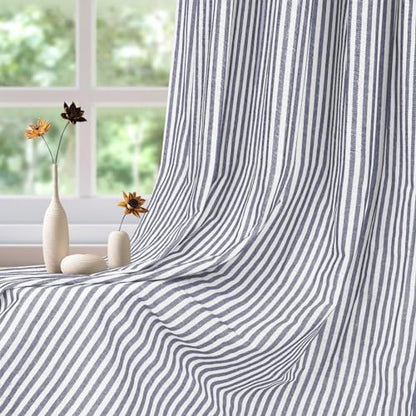 ASPMIZ Cotton Linen Farmhouse Curtains Boho Rustic Button Drapes, Linen Window Curtain Panels, Blue Stripe Country Curtains for Bedroom Living Room, Modern Rod Pocket Curtain 52 x 63 Inch, 2 Panels - color: Beige&blue, size: 52"W x 63"L (Pack of 2)