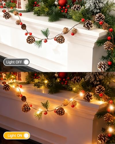 Luditek Christmas Garland with Lights, 6.4FT Battery Operated Prelit Garland Decorated with 20 LED Red Berries Pine Cones, Christmas Decorations Indoor for Mantel, Home, Fireplace, Stairs, Xmas Decor
