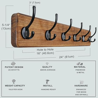 Dseap Coat Rack Wall: 24" Long, Patented, Heavy-Duty, 6-Double-Hooks Wooden Wall Mounted Coat Rack Coat Hanger Hook Rail for Winter Coats Hat Jacket Clothing, Natural & Black - color: Natural & Black, size: L=24"(1pcs)
