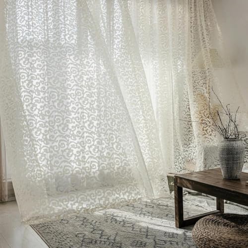 NAPEARL Sheer Cream Curtains Set of 2 Panels, Jacquard Sheer Curtains for Living Room, Organza Transparent Rod Pocket Window Drapes - color: Cream Scroll, size: 52"W x 96"L (Pack of 2)
