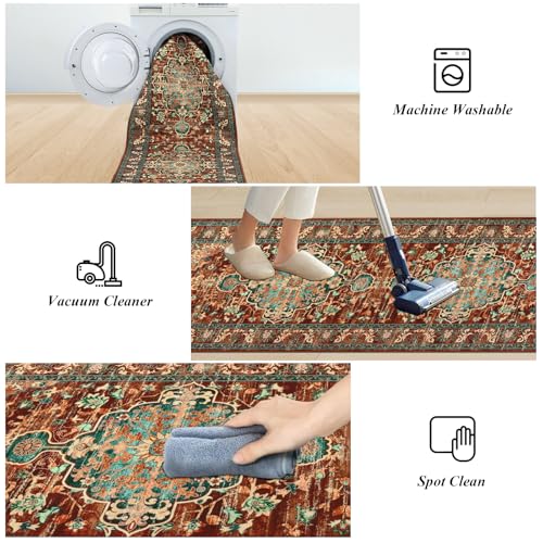 U'Artlines 2' x 14' Boho Hallway Runner Rug, Washable Carpet, Rust＆Teal - color: Rust＆teal, size: 2' x 14' (Runner)
