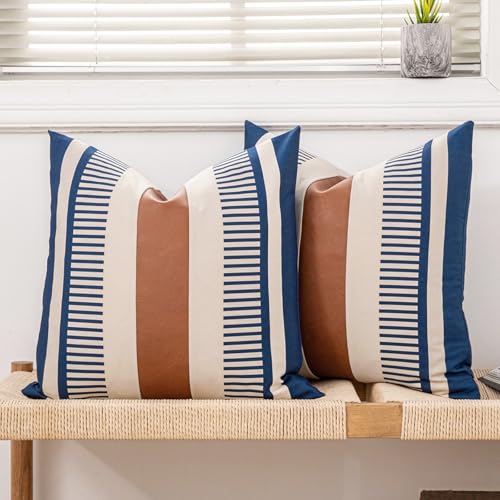 Farmhouse Stripe Pillow Cover 18x18 Boho Accent Cushion Case Faux Leather Decorative Pillowcase,Navy Blue and Beige (Cover ONLY, Pack of 2) - color: Navy Blue and Beige, size: 18" x 18" (Pack of 2)