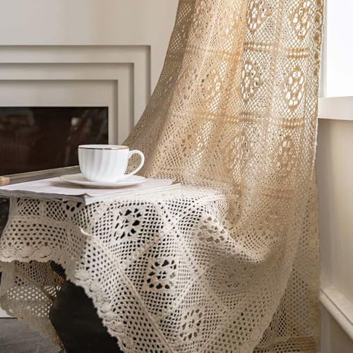 Boho Curtains for Living Room Retro Cotton Crochet Curtains for Girls Room Farmhouse Knitted Lace Curtain Panels for Bedroom Rod Pocket Hollow Sheer Window Drapes for Doorway 1 Panel W59 X L87 Inch - color: Beige, size: 59"W x 87"L (Pack of 1)