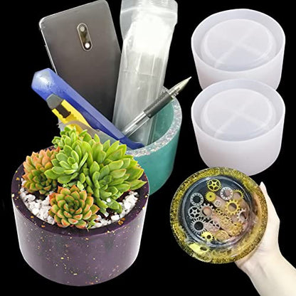 2PCS Large Concrete Plant Mold, 3.93" Internal Diameter Planter Silicone Mould, Cylinder Resin Mold for DIY Crafts Succulent Flower Pots Jewelry Trinkets Candle Holder Organizer - color: 2x Cylinder Pot-A