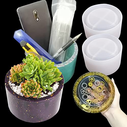 2PCS Large Concrete Plant Mold, 3.93" Internal Diameter Planter Silicone Mould, Cylinder Resin Mold for DIY Crafts Succulent Flower Pots Jewelry Trinkets Candle Holder Organizer - color: 2x Cylinder Pot-A