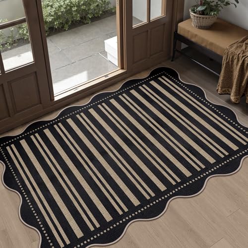 Striped Easy Jute Front Door Mat, 2.6x4 Washable Entryway Rug Non Slip Small Kitchen Rug, Farmhouse Low Pile Floor Scalloped Rugs for Bathroom Porch Doorway - color: Black Striped, size: 2.6'x4' (Rectangular)