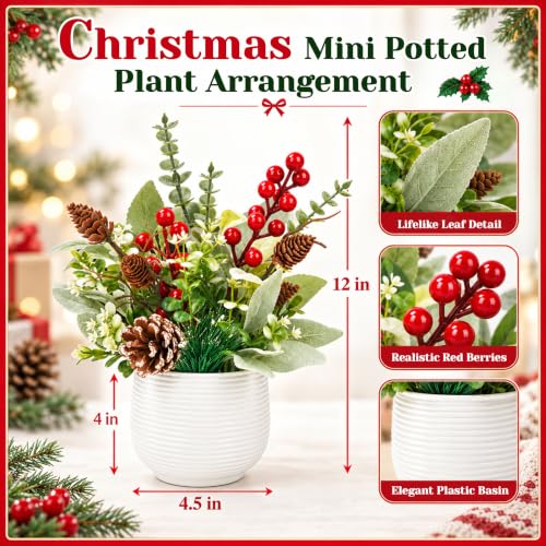 Der Rose Christmas Centerpiece for Tables, Small Fake Plants in White Pot - color: Red