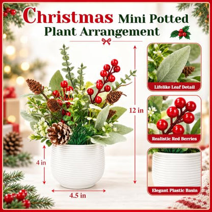 Der Rose Christmas Centerpiece for Tables, Small Fake Plants in White Pot - color: Red