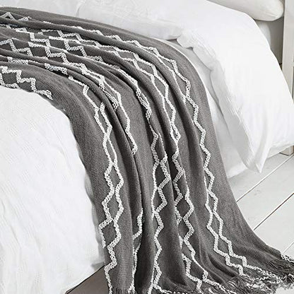 BOURINA Knitted Throw Blanket Boho Chenille Outdoor Blanket,Grey 50x60Inch - color: A-grey, size: 50"×60"