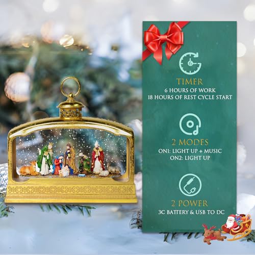 Premium Nativity Christmas Lantern, 11.5" Lighted Snow Globe with Mary Joseph Baby Jesus Scene, Musical Water Lantern with 8 Songs, 6H Timer, USB & Battery Powered, Religious Holiday Decor Gift - color: Gold 31