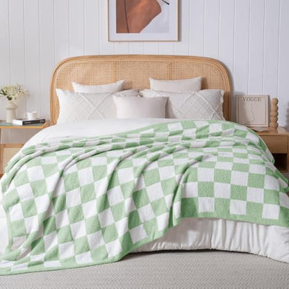 Exclusivo Mezcla Checkered Knit Blanket Twin Size for Bed, Sage Green - color: Sage Green, size: Twin (60"x80")