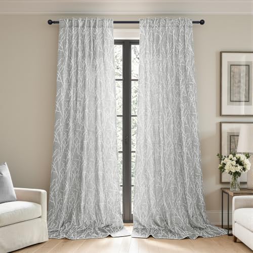 Silver Grey and White Curtains 96 Inches Long for Living Room Dining 2 Panel Back Tab Loop Pocket Decorative Drape Forest Branch Nature Design Light Filtering Gray Sheer Curtain Neutral Farmhouse 8 FT - color: Silver Grey, size: 52"W x 96"L (Pack of 2)