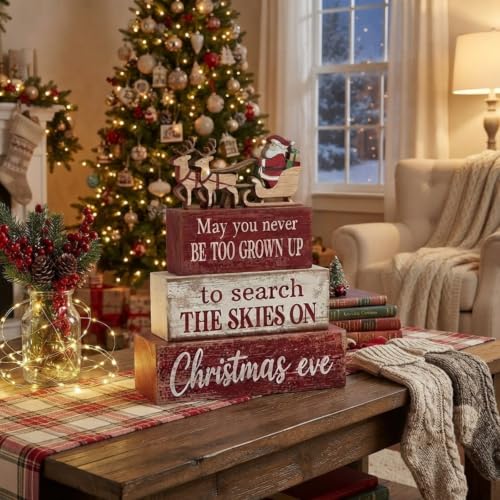 Moucuny 4 Pcs Christmas Table Decorations for Home Wooden Santa Sleigh Sign - style: Christmas Eve
