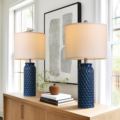 USumkky 27" Ceramic Table Lamps Set of 2 - Modern Farmhouse & Boho Style, Bedside Nightstand Lamps for Bedroom, Living Room End Table Lamps, Small Desk Lamp(Blue) - color: 27" Blue