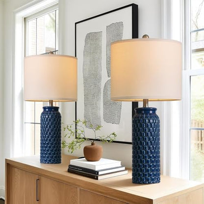 USumkky 27" Ceramic Table Lamps Set of 2 - Modern Farmhouse & Boho Style, Bedside Nightstand Lamps for Bedroom, Living Room End Table Lamps, Small Desk Lamp(Blue) - color: 27" Blue