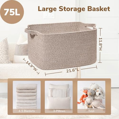 Goodpick Large Woven Rope Blanket Basket, Rectangle, Brown, 75L - color: Brown, size: Large(21.6"L x 14.9"W x 11.8"H)