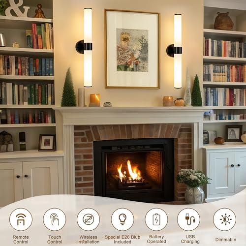 Black Battery Operated Wall Sconces Set of 2 with White Glass Lamp Shade - color: Black（White Glass）