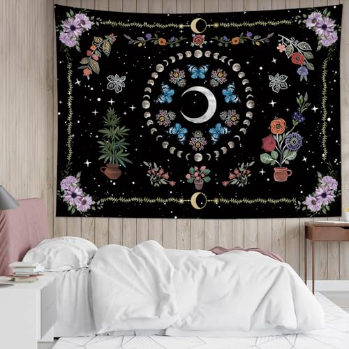 WEENEO Boho Butterfly Moon Tapestry Wall Hanging,Purple Floral,60x40 Inch - color: Black, size: 40"L x 60"W