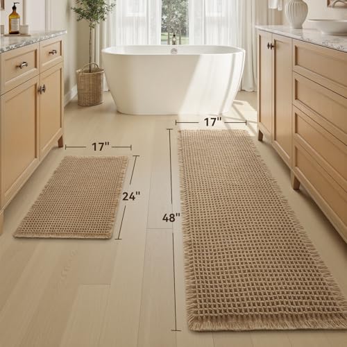 Upgraded Waffle Bath Mat Set of 2 Absorbent Bathroom Mat 17"x24" + 17"x48" - color: Black, size: 17" x 24" +17" x 48"