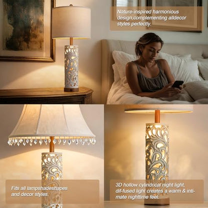 OYEARS 2-in-1 Light Table Lamp Set of 2 for Living Room, 28.5" Farmhouse Bedside Lamps with USB Charging Port, Main&Night Light & Dual Switches, Nightstand Lamp for Bedroom Home Office(Bulb Included) - color: Washed White and Brown