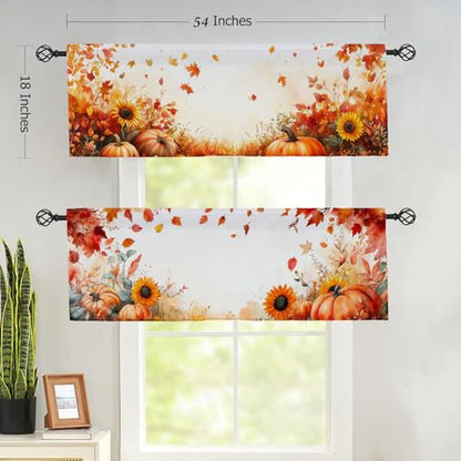 Fall Pumpkins Kitchen Curtain Valance 2 Pack Thanksgiving Maple Leaves Sunflowers Window Valance for Living Room Bathroom Bedroom Window Treatment Valances 54x18 inch - color: Fall Pumpkins