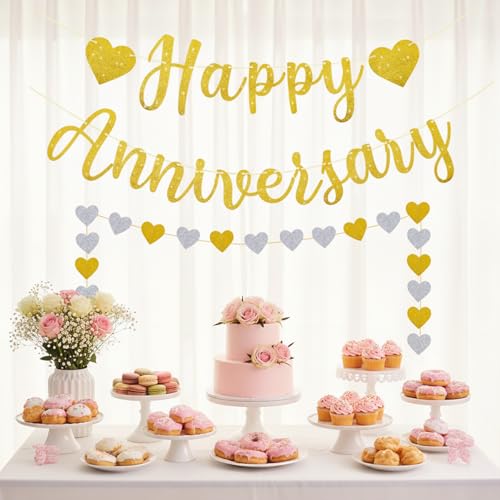 Pre-Strung Happy Anniversary Banner, Happy Anniversary Decorations Glitter Wedding Bunting Banner Flag No DIY Party Decoration Garland for Anniversary