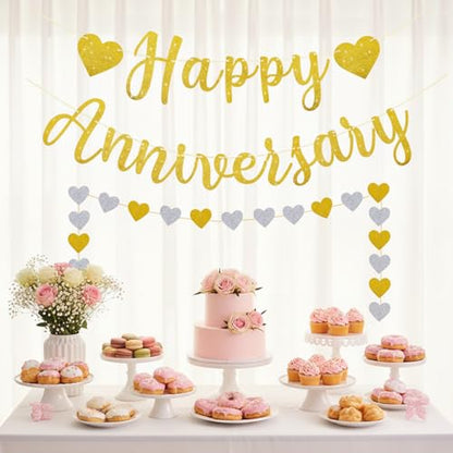 Pre-Strung Happy Anniversary Banner, Happy Anniversary Decorations Glitter Wedding Bunting Banner Flag No DIY Party Decoration Garland for Anniversary