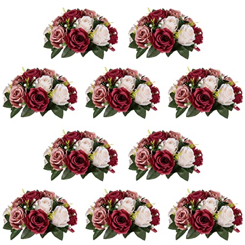 NUPTIO Artificial Flower Centrepieces for Tables: Fake Rose Balls, 10 Pcs - color: Burgundy & Dusty Rose & Creamy White, size: 10 Pcs