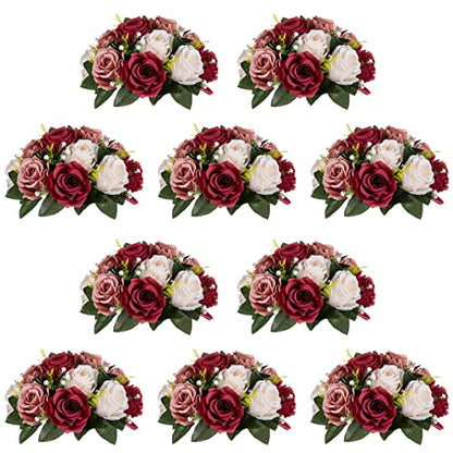 NUPTIO Artificial Flower Centrepieces for Tables: Fake Rose Balls, 10 Pcs - color: Burgundy & Dusty Rose & Creamy White, size: 10 Pcs