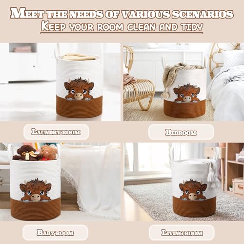Honeydak Highland Cow Laundry Basket Brown Tall Cotton Rope Laundry Hamper - style: Highland Cow