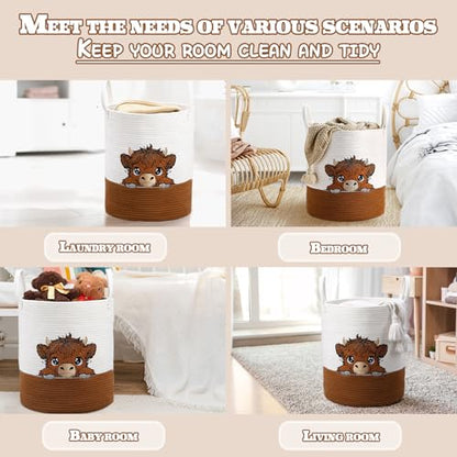 Honeydak Highland Cow Laundry Basket Brown Tall Cotton Rope Laundry Hamper - style: Highland Cow