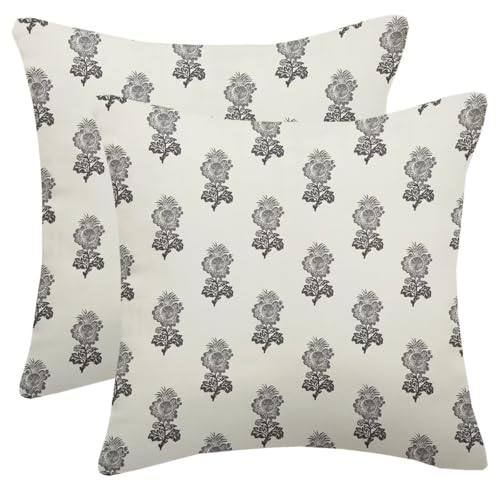 Black Grey Gray Block Print Pillow Covers 18X18 Inch Set of 2, Boho Vintage Floral Throw Pillows Farmhouse Spring Summer Flower Outdoor Decorative Cushion Case for Home Sofa Couch Bed - color: Black Grey Block Print, size: 18" x 18" (Pack of 2)