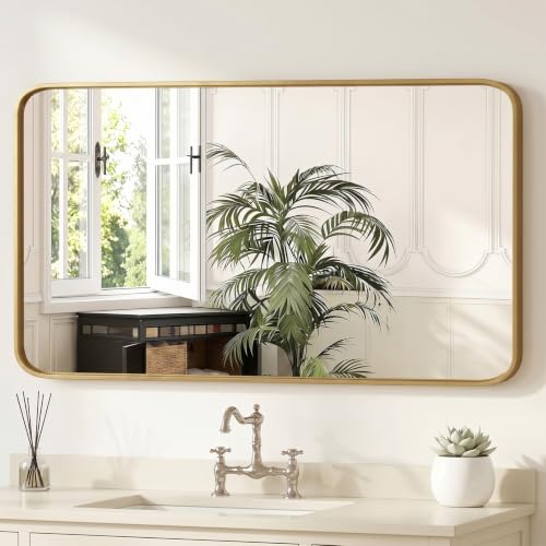 Sweetcrispy Bathroom Wall Mirror, 48x30 Inch Wall Mount Mirror for Over Sink, Modern Rounded Rectangle Vanity Mirrors with Matte Metal Framed, for Home Decor, Living Room, Bedroom, Gold - color: Gold-rect, size: 48"L x 30"W
